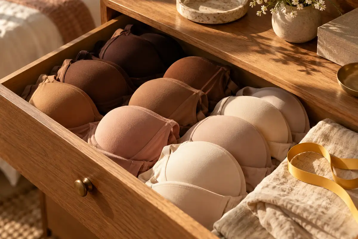 A dresser drawer of neatly folded everyday bras in many skin tones