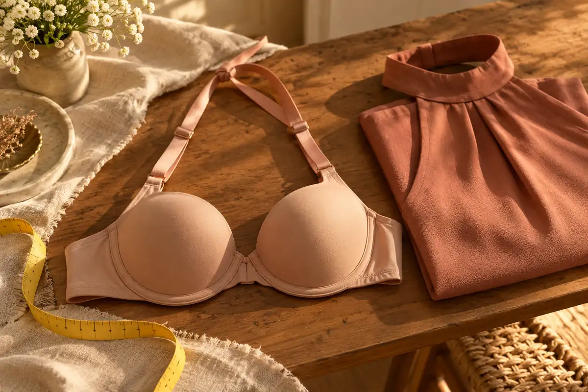 A multiway bra with halter straps beside a folded halter top