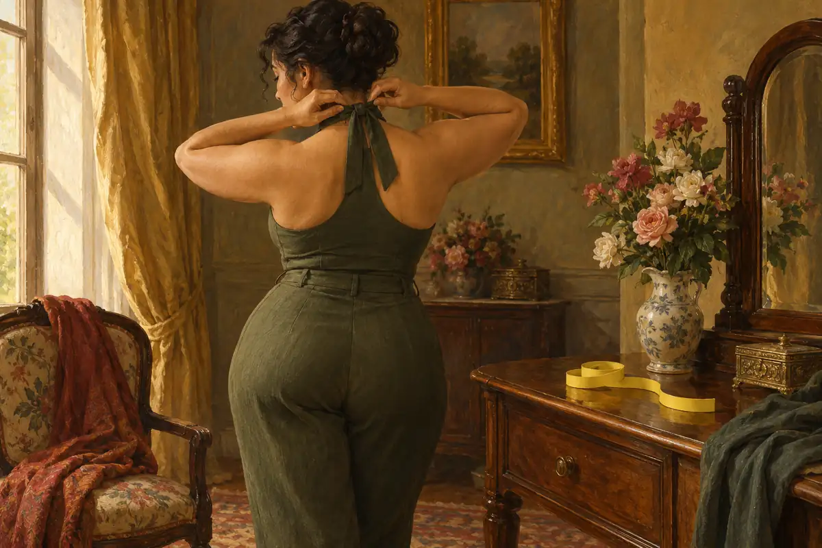 Painting of a woman tying a halter top at the back of her neck