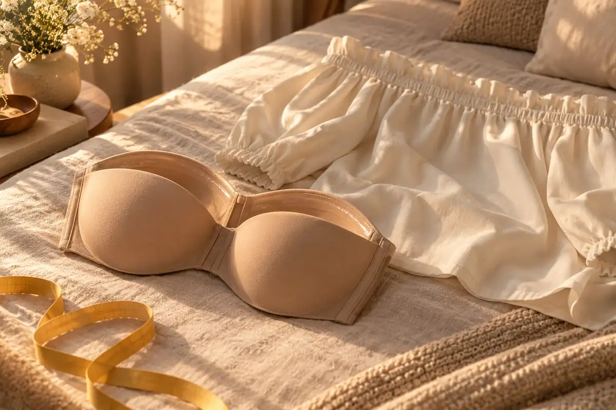 A strapless bra beside an off-the-shoulder blouse on a bed