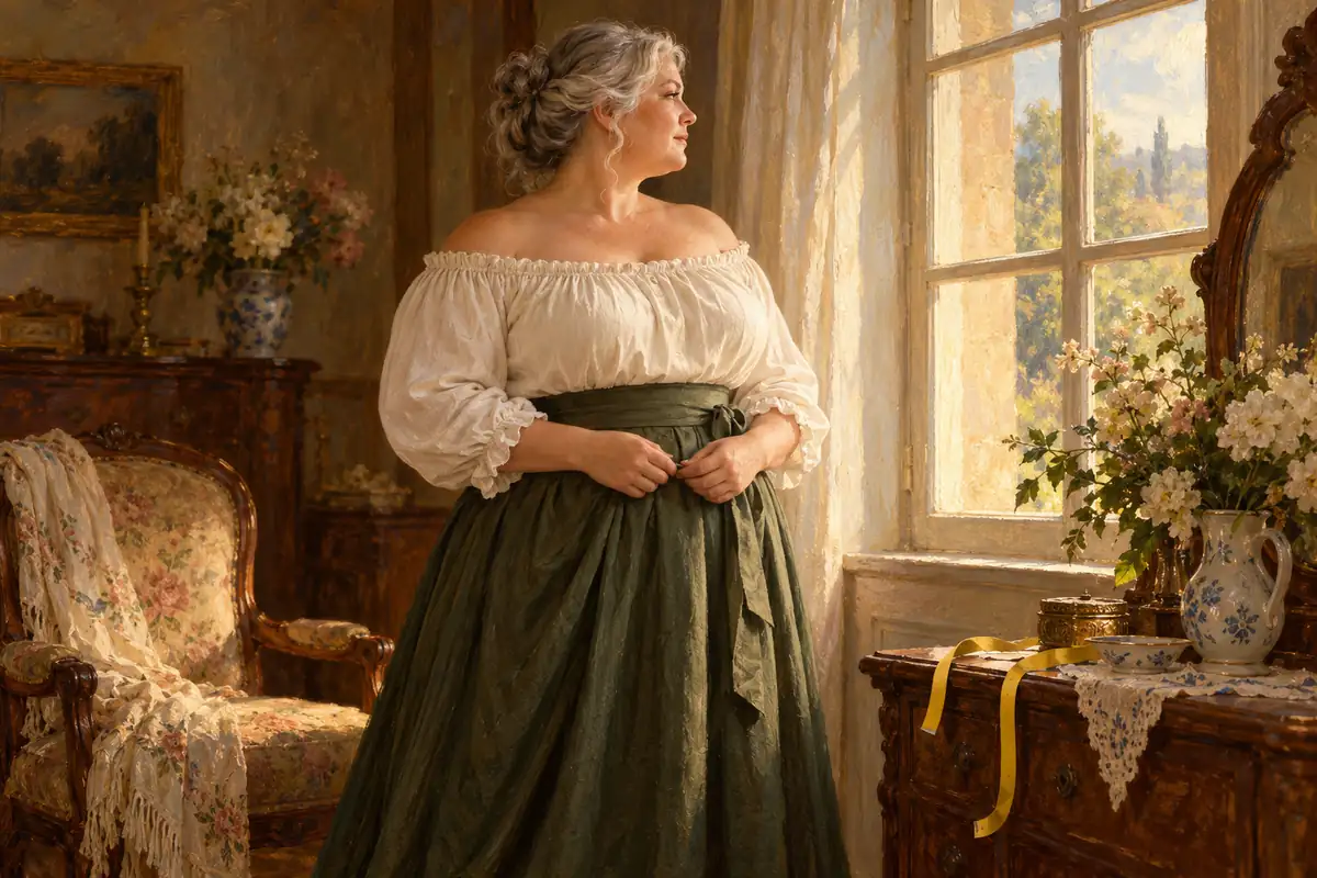Painting of a woman in an off-the-shoulder blouse by a window