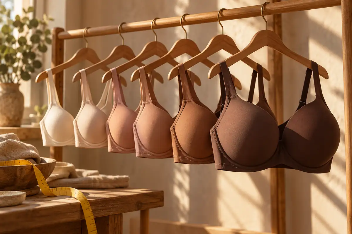Bras of different sizes hanging in a row on wooden hangers