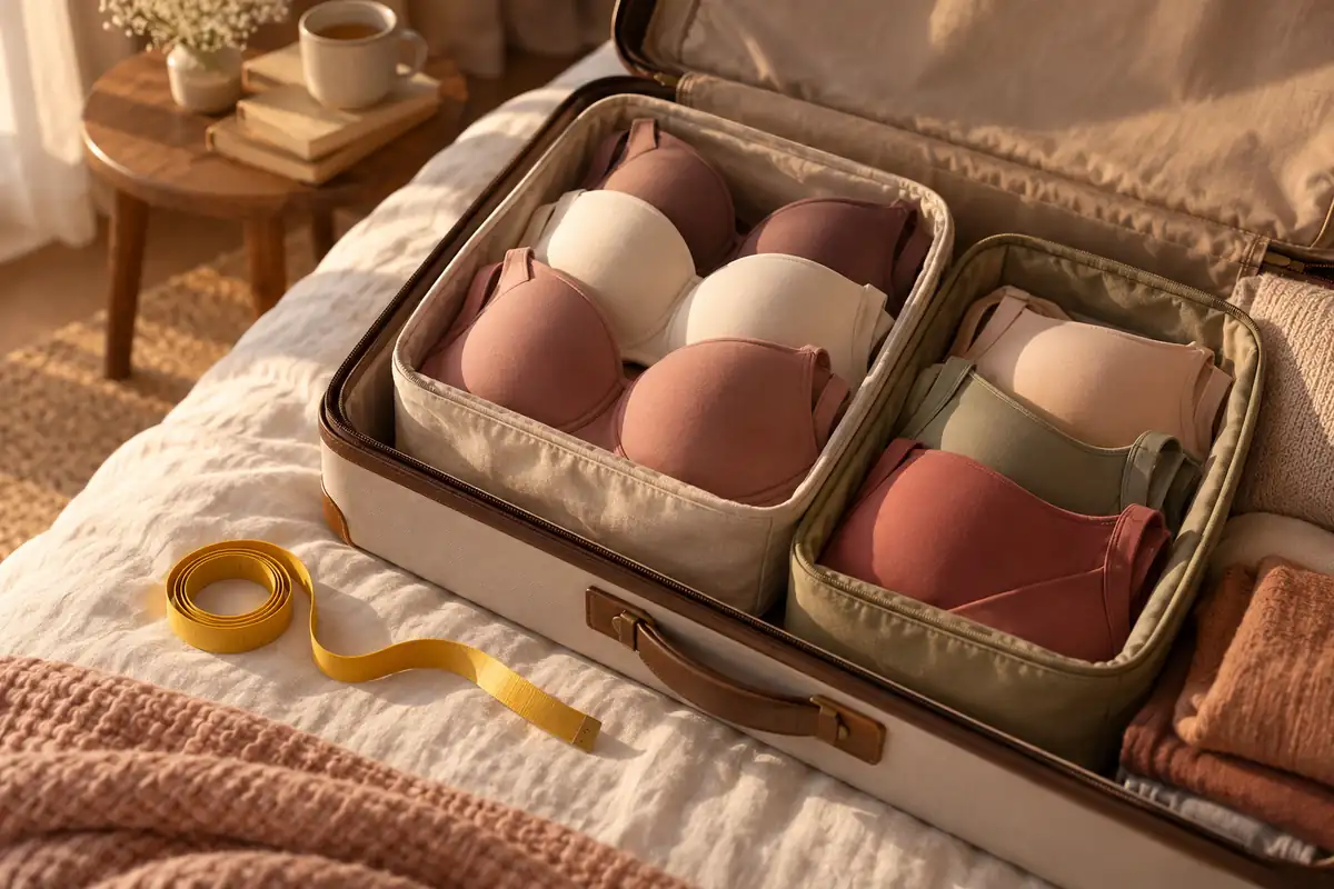 An open suitcase with folded bras and a yellow tape