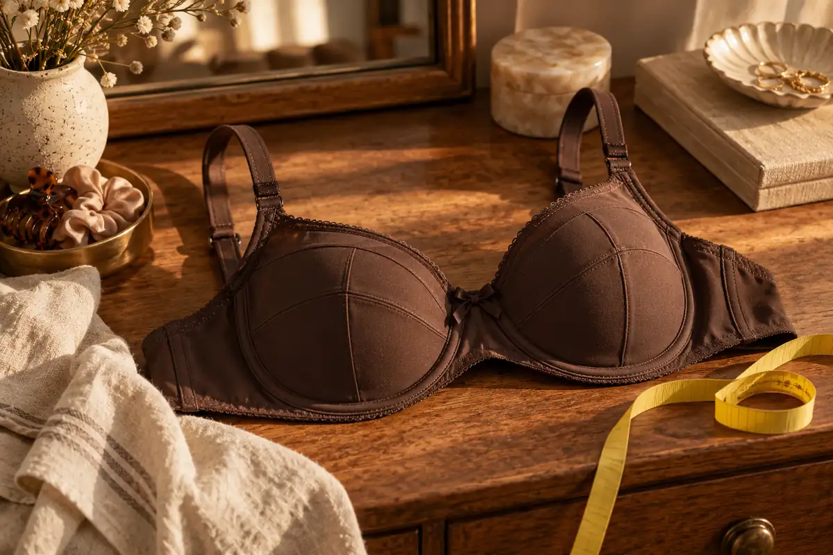 A brown seamed bra with three-part cups on a dresser