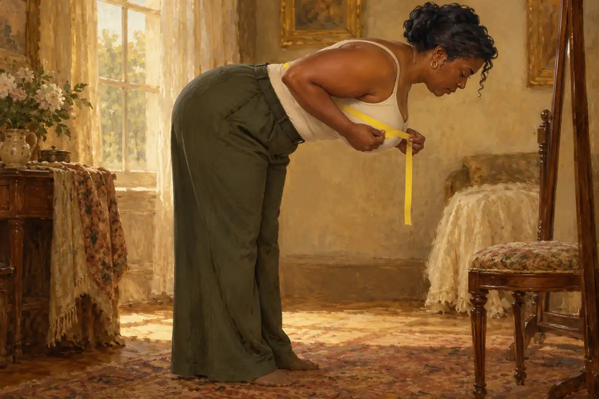 Painting of a woman leaning forward with a tape around her chest