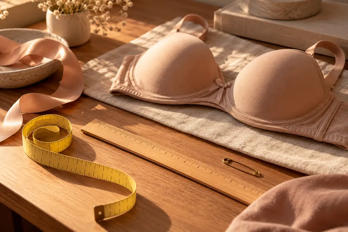 A ribbon, a ruler and a safety pin next to a folded bra
