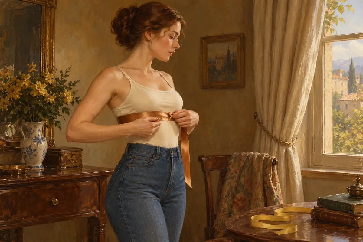 Painting of a woman wrapping a ribbon around her ribcage over a camisole