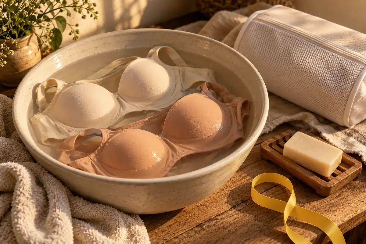 Bras soaking in a basin with a mesh laundry bag and soap