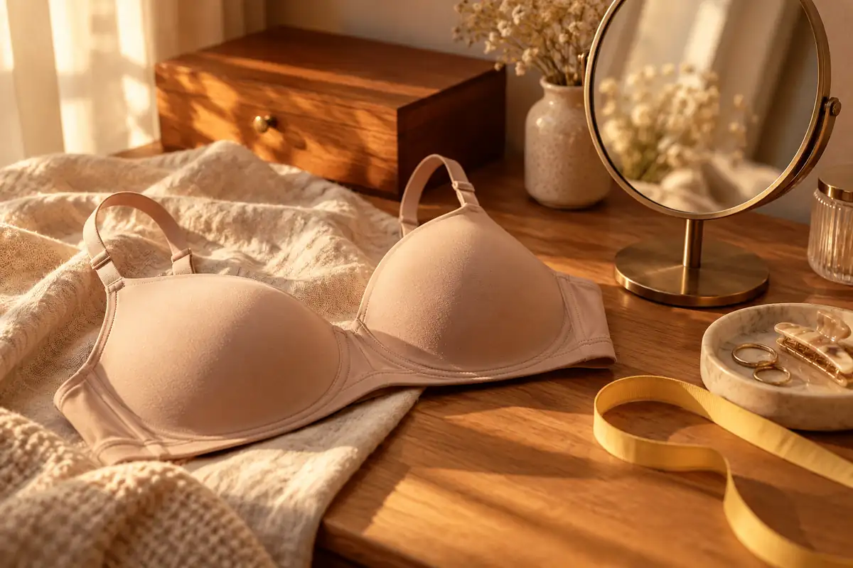 A beige T-shirt bra beside a hand mirror on a vanity