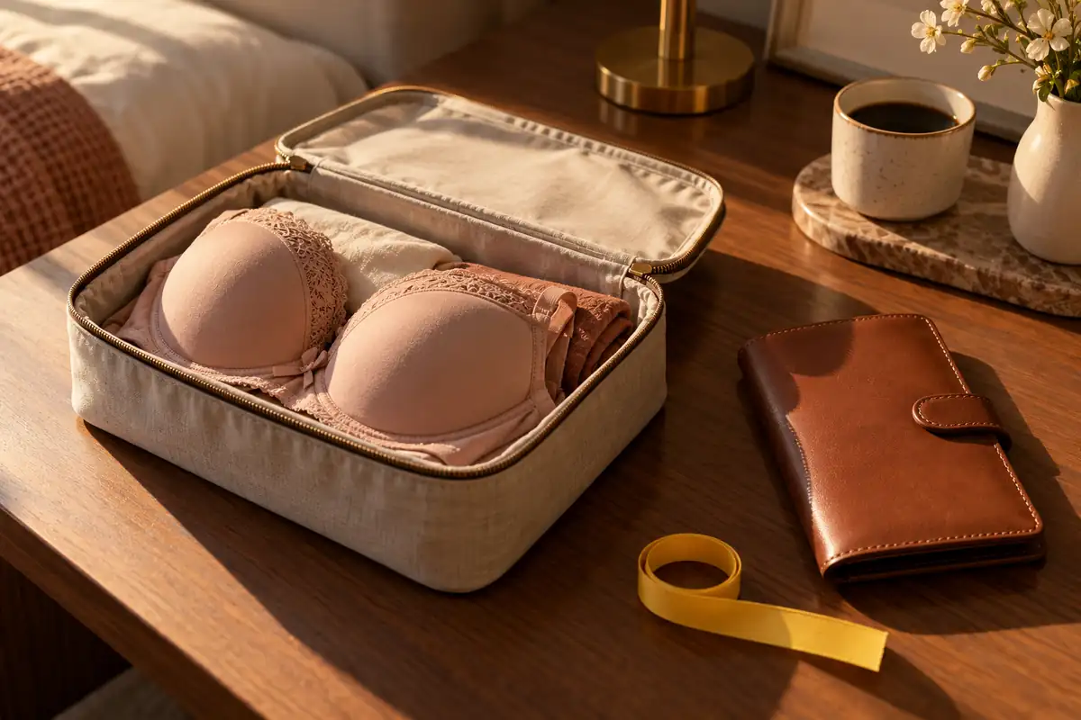 A bra in a packing cube beside a leather travel wallet